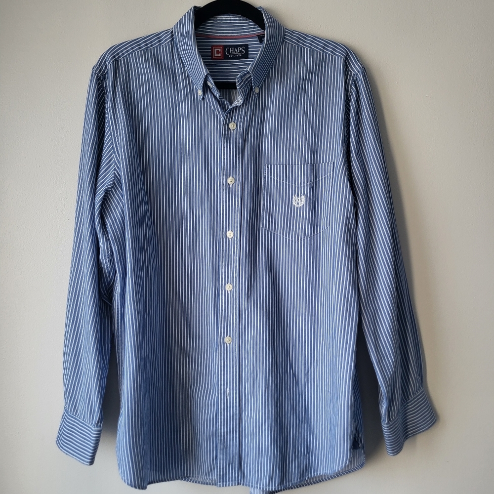 Chaps Men's Blue and White Striped Button Down Preppy Classic Long Sleeve Shirt